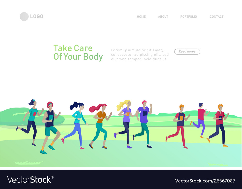 Landing page template with running group people Vector Image