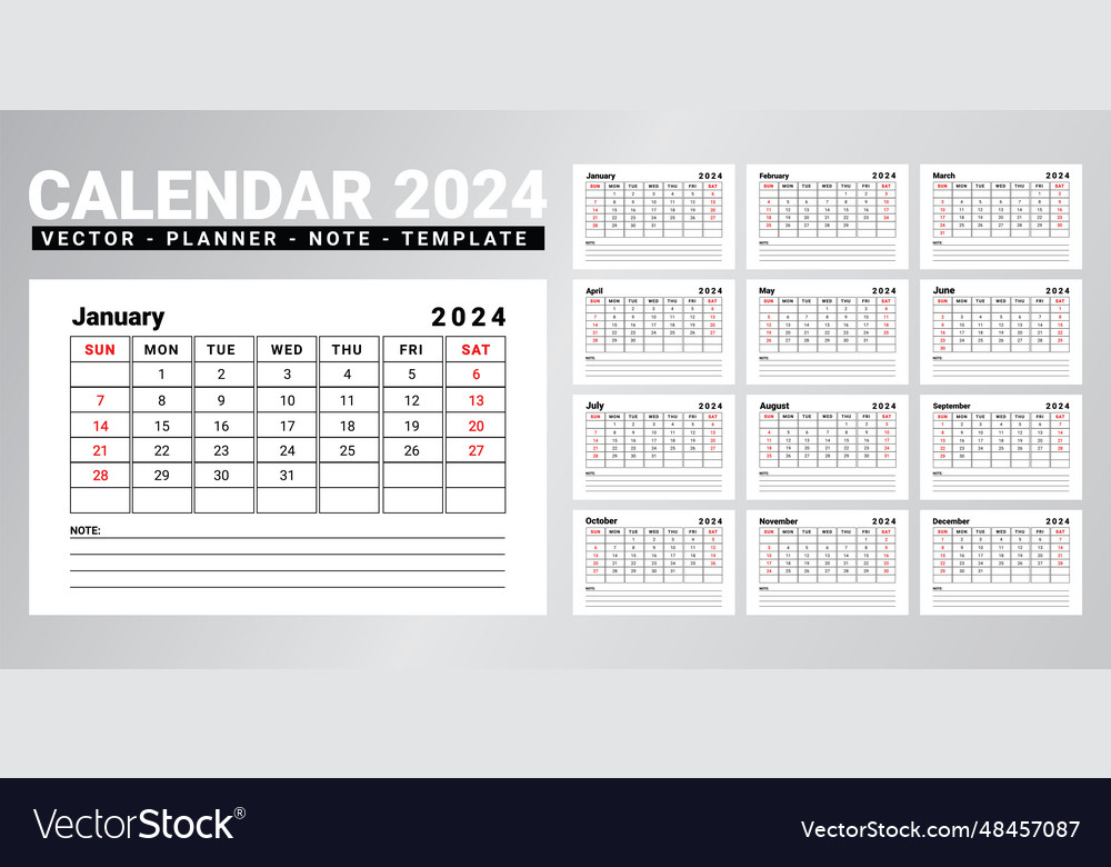 Minimal 2024 calendar design with note Royalty Free Vector