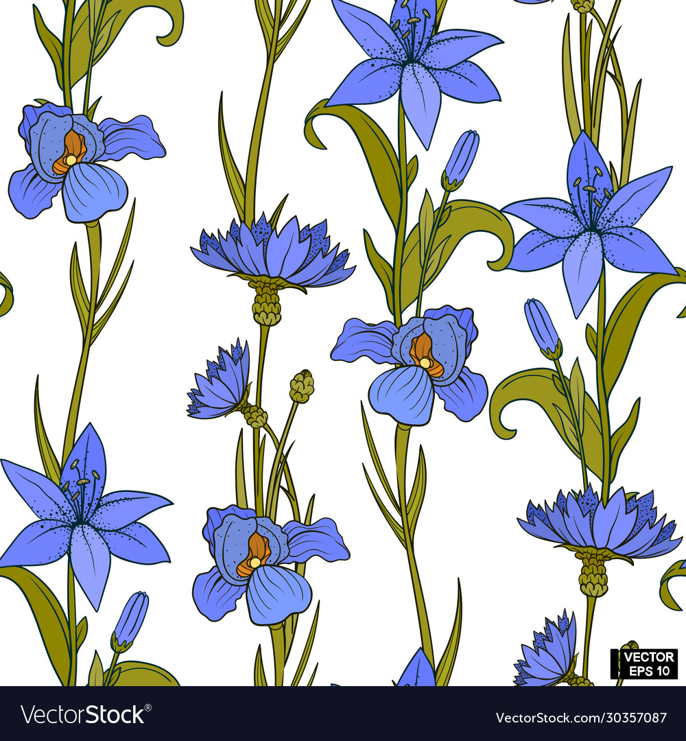 Seamless pattern with blue flowers