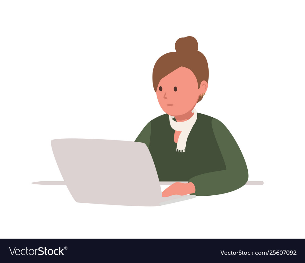 Cute teenage girl sitting at laptop computer and Vector Image