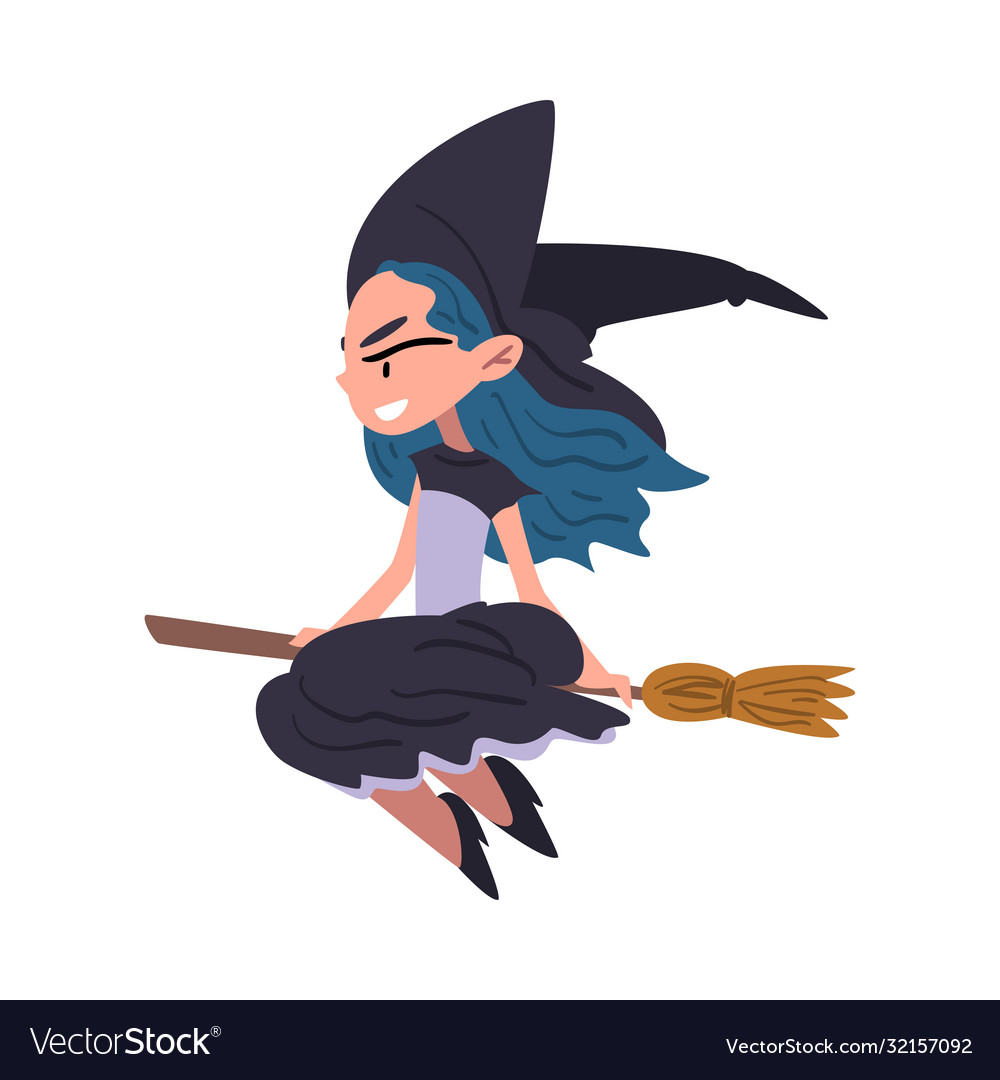 Girl Witch Flying With Broom Cute Halloween Vector Image