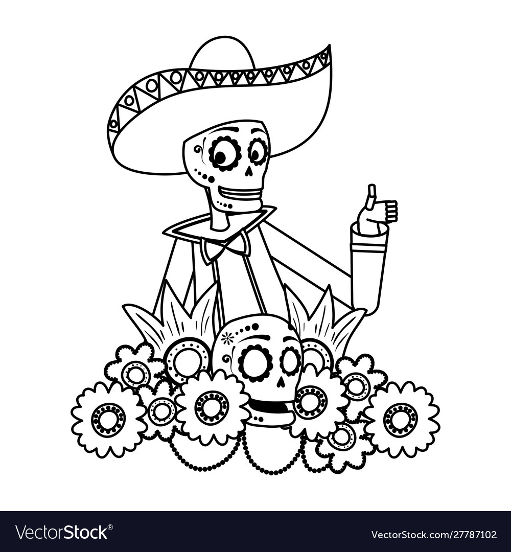 Mariachi Totenkopf mit Blumendekoration Comic