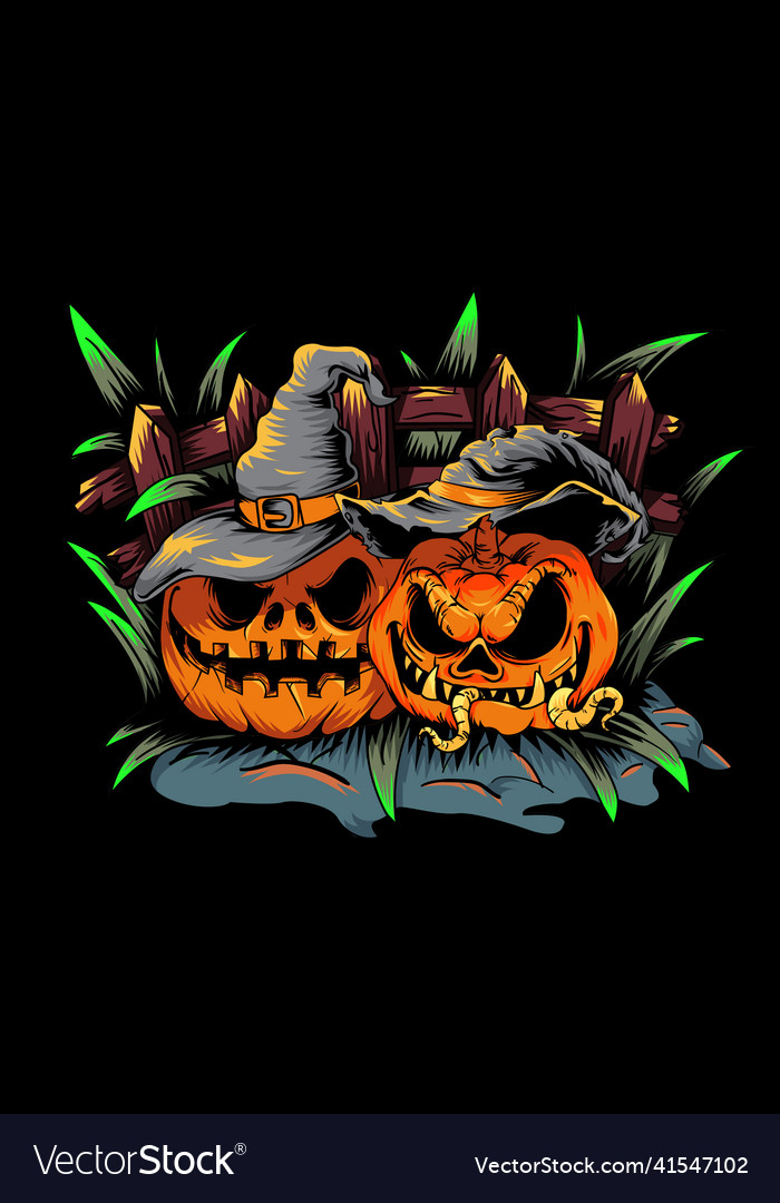 Two witch pumpkins with garden Royalty Free Vector Image