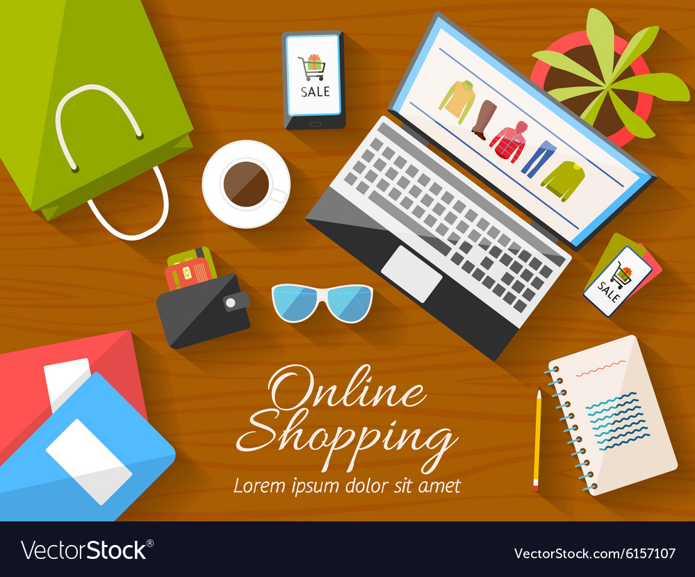 Online shopping concept desktop with computer