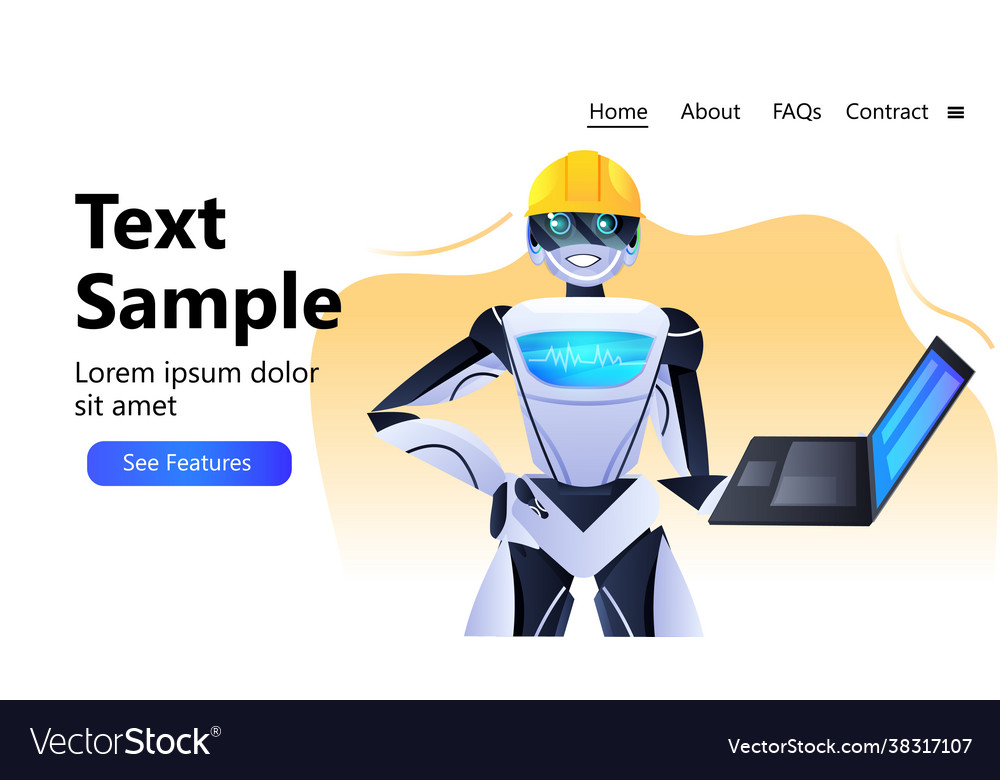 Robot engineer in helmet using laptop modern