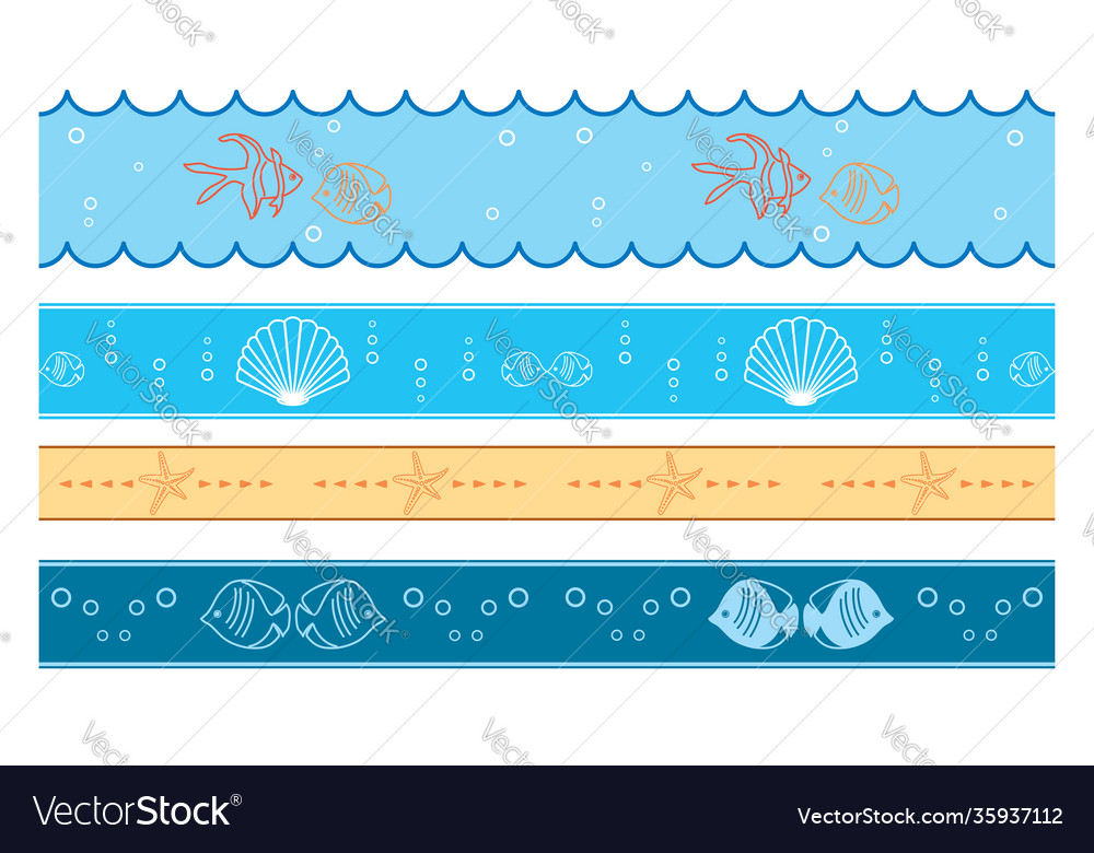 Decorative seamless borders with shells and fish