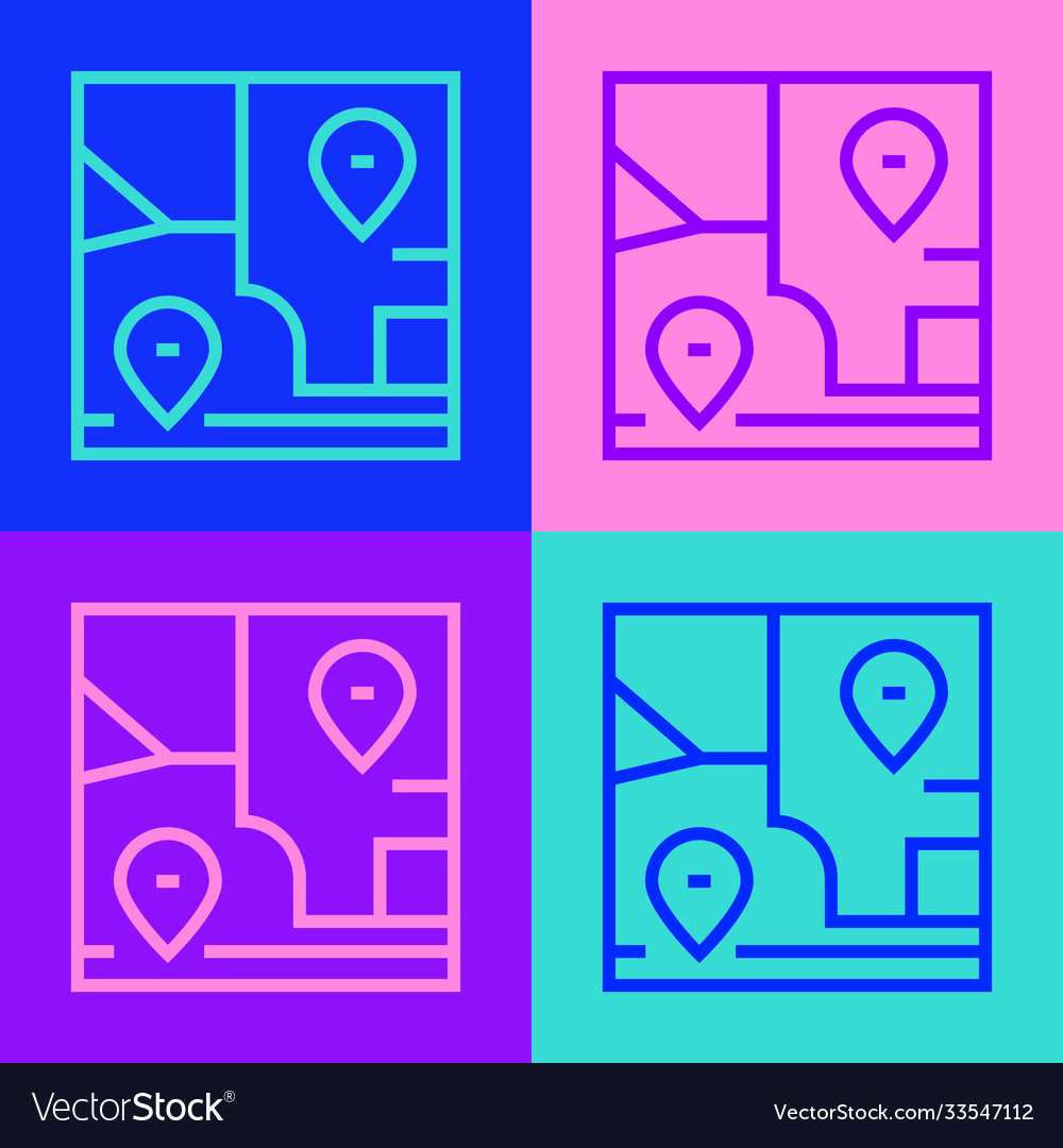 Pop art line folded map with location marker icon