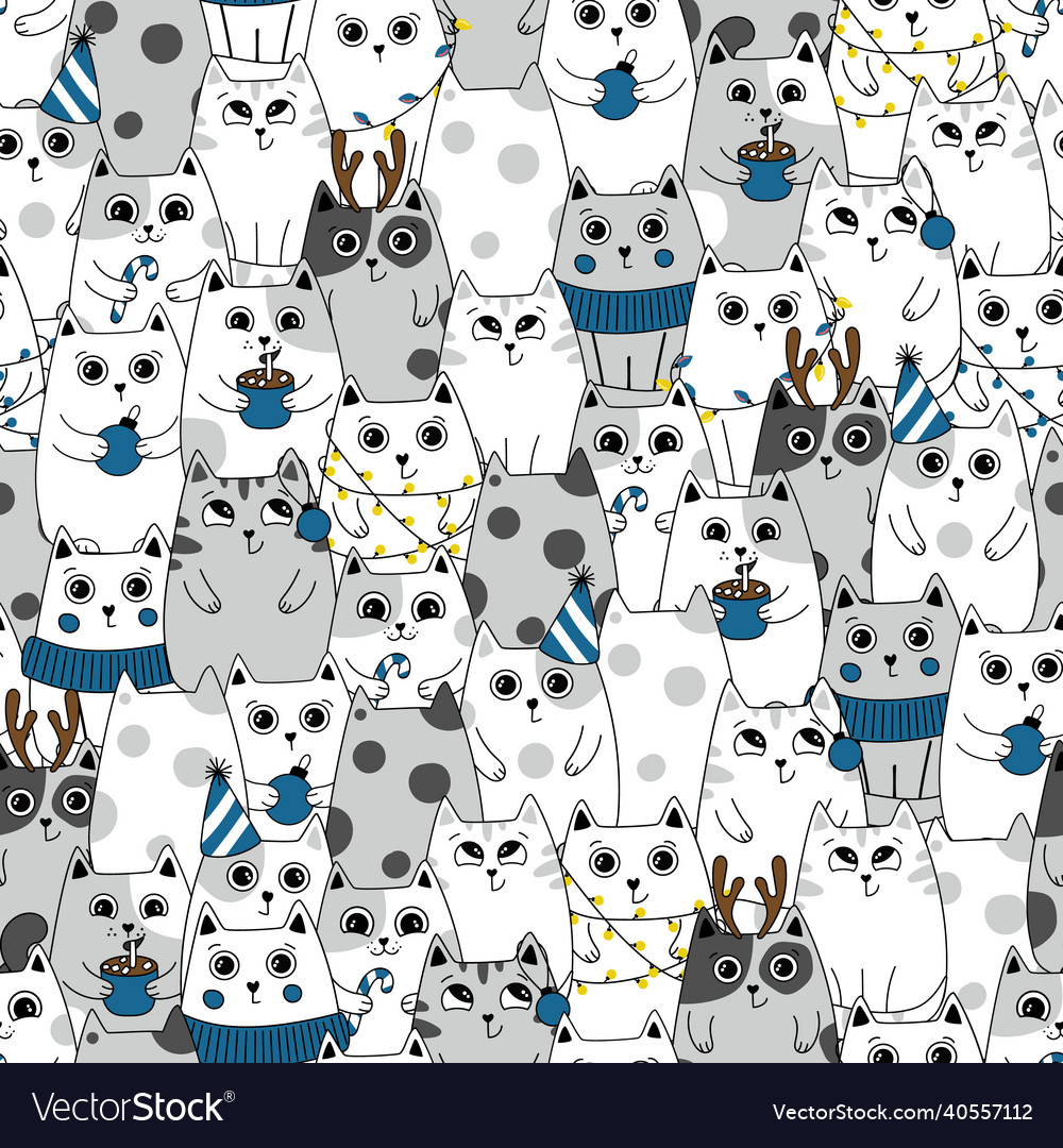 Seamless pattern winter cute cats cartoon animals