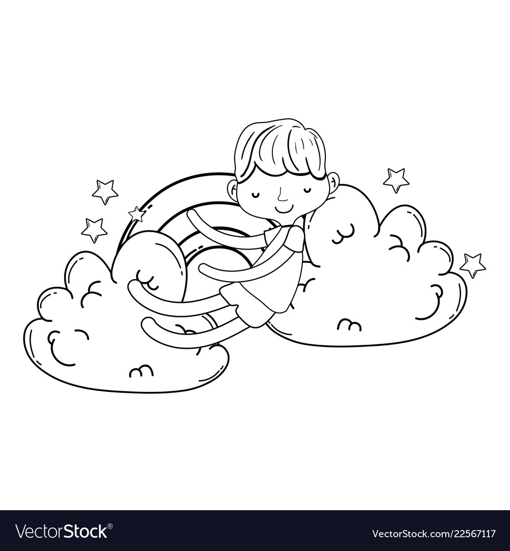 Kid on clouds cartoon in black and white