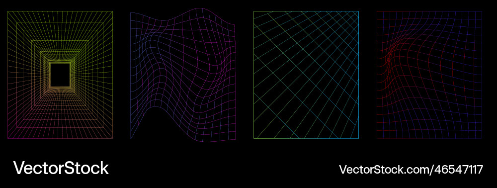 Set of distorted neon grid pattern 3d abstract Vector Image