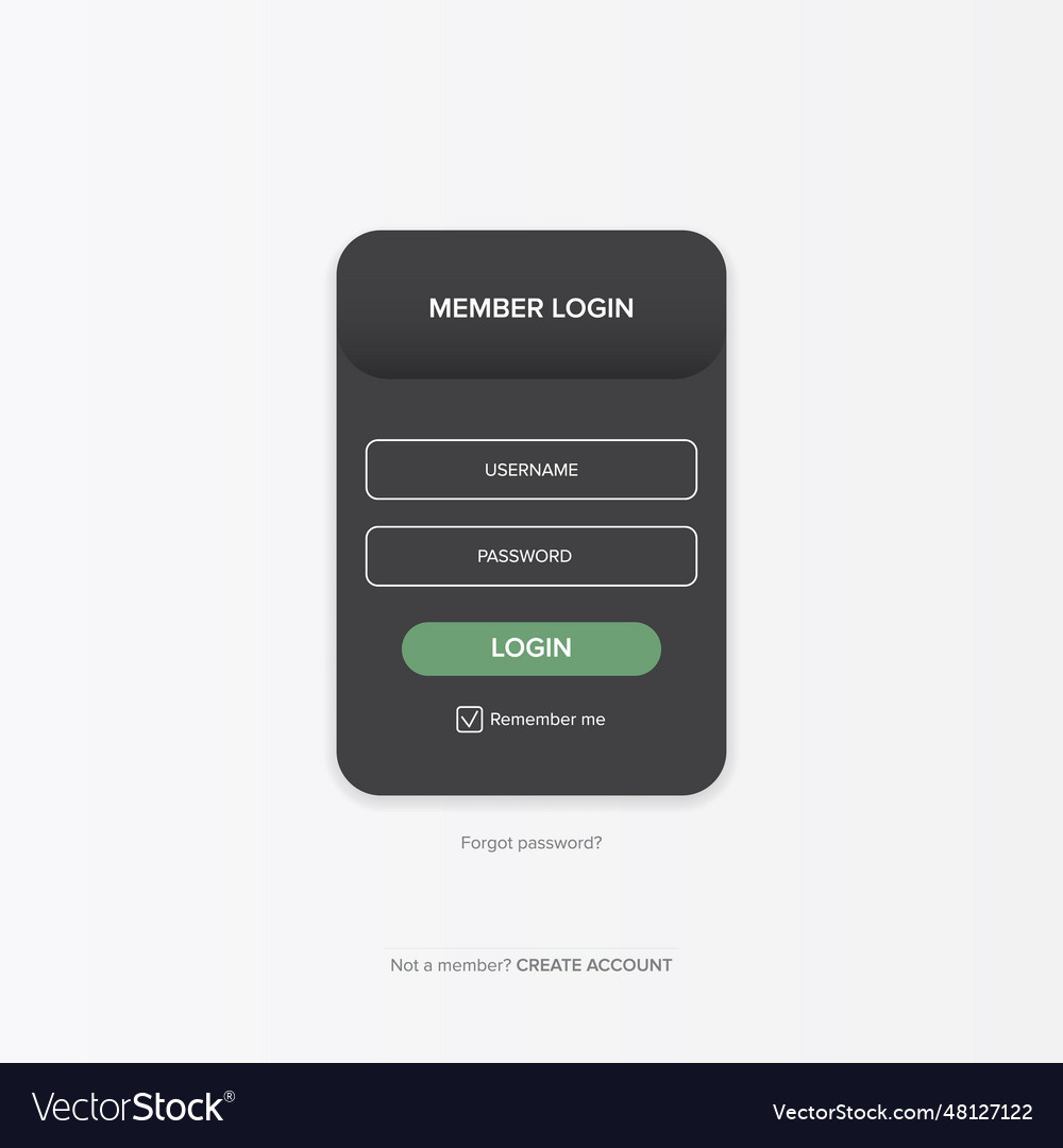 Dark grey login form web page design template vector image Dark grey login form web page design template