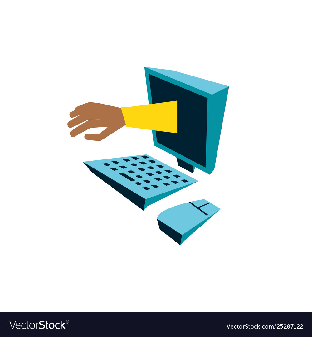 Desktop computer with hand isolated icon