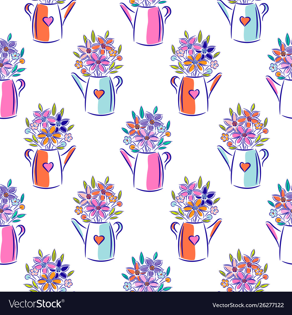 Flowers in watering can bright colors seamless