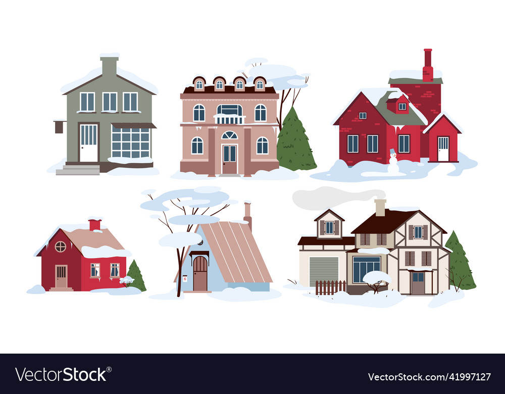 Cartoon family homes in snowdrifts buildings