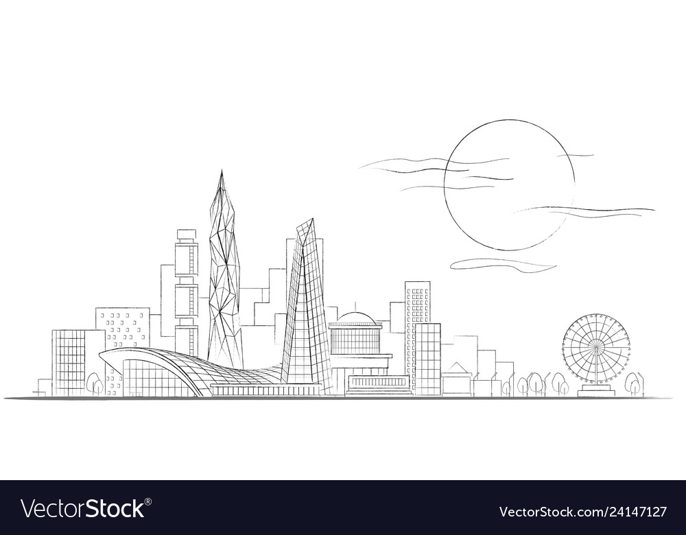 Linear sketch modern cityscape black and Vector Image