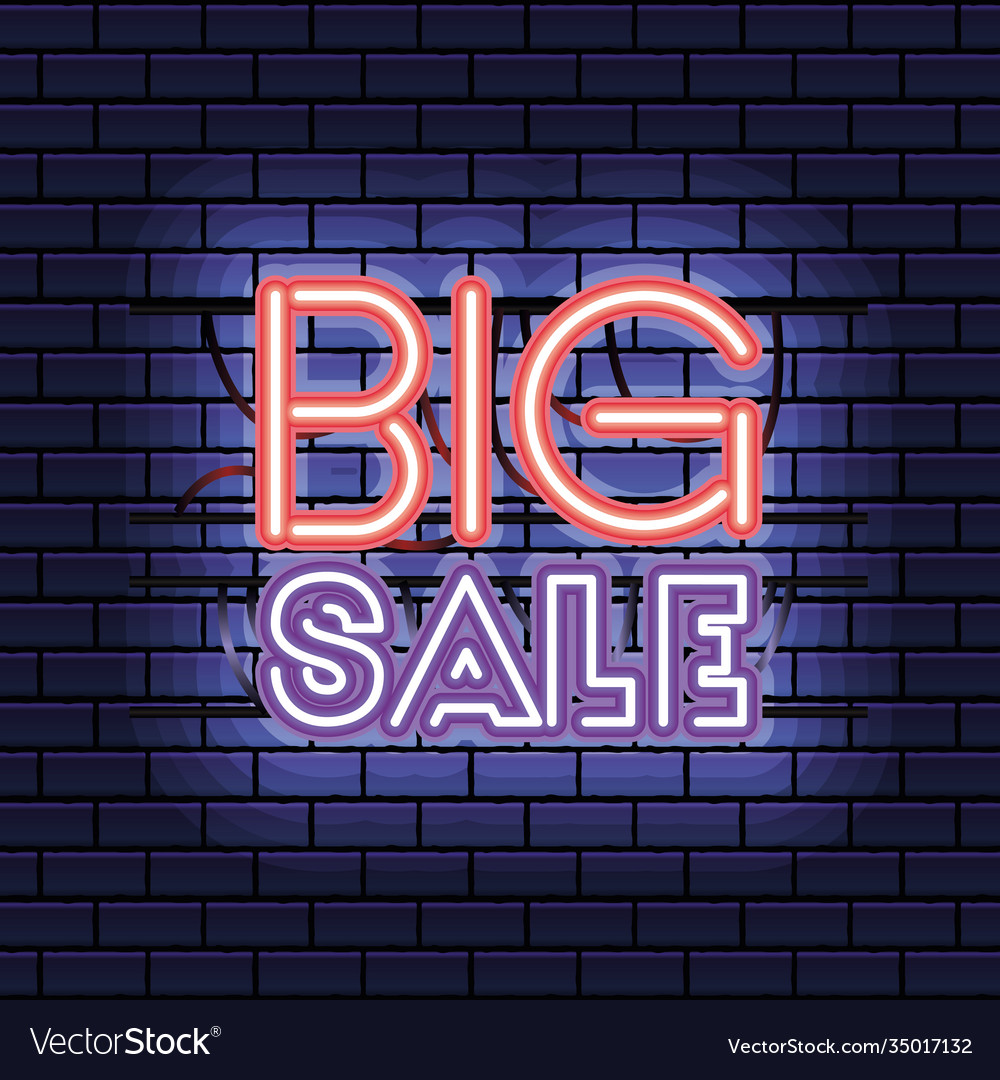 Big sale lettering in neon font with bricks