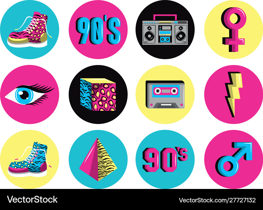 Bundle nineties set icons Royalty Free Vector Image