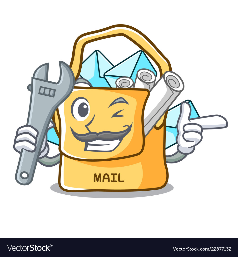 Mechanic mail bag character on table front