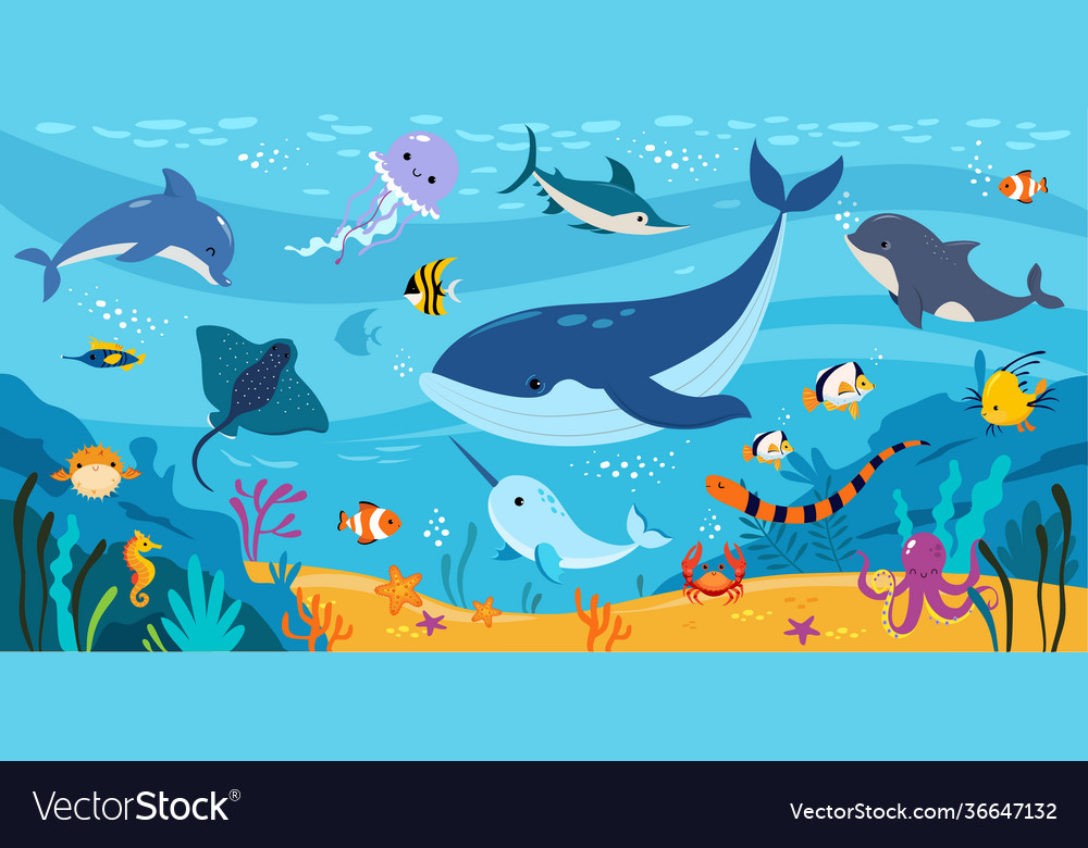 Underwater world with floating sea animals Vector Image Underwater world with floating sea animals Vector Image