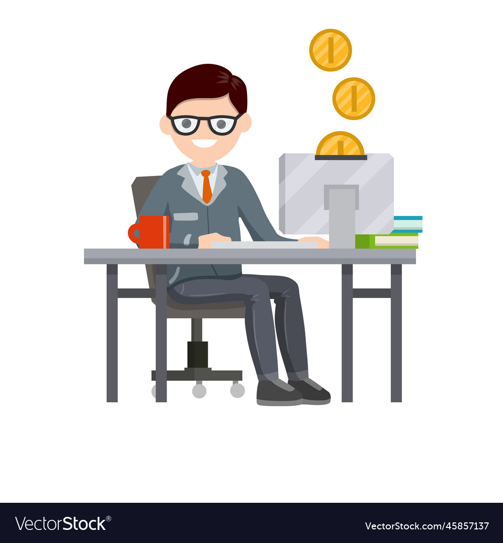 Man sitting at table with computer Vector Image Man sitting at table with computer
