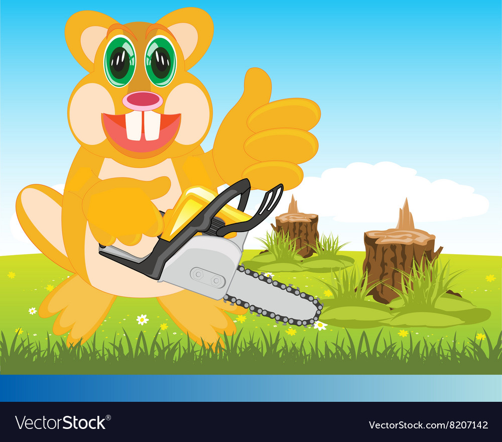 Beaver with chainsaw on glade