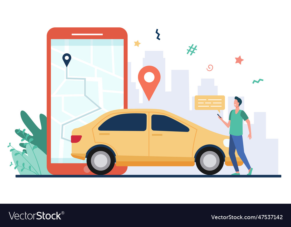 Man with map on smartphone renting car vector image Man with map on smartphone renting car