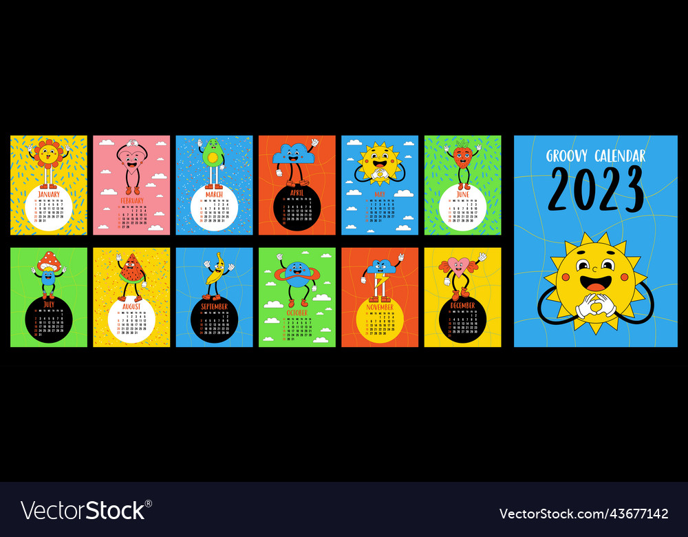 Retro calendar template 2023 with groovy style