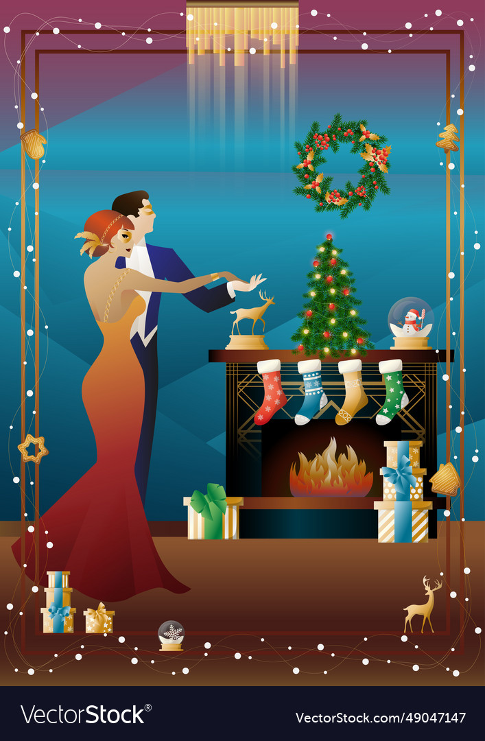 A loving couple dances in front of fireplace Vector Image