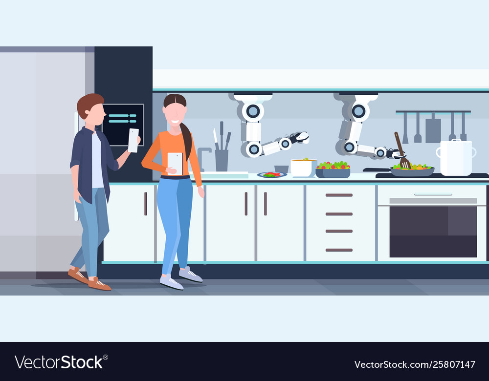 Couple using mobile app controlling smart handy vector image Couple using mobile app controlling smart handy