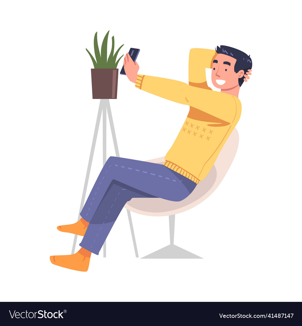 Man character with digital device sitting