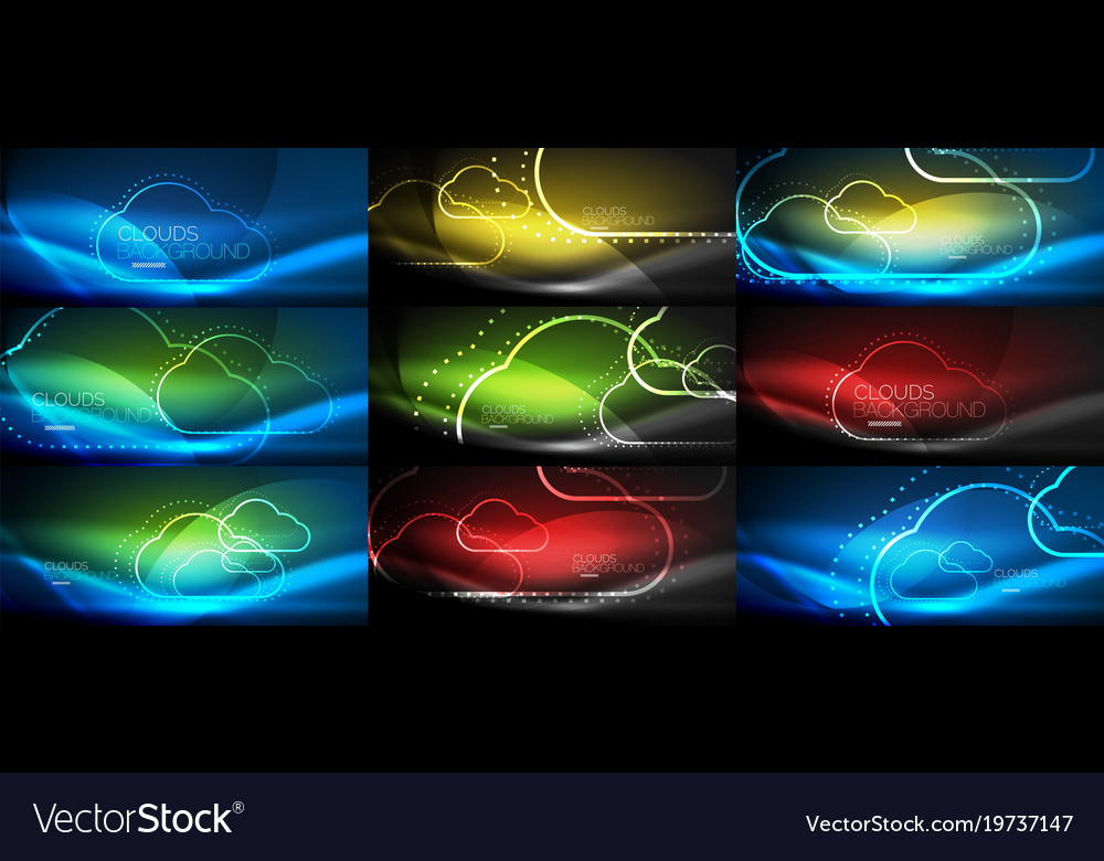 Set of neon cloud computing backgrounds