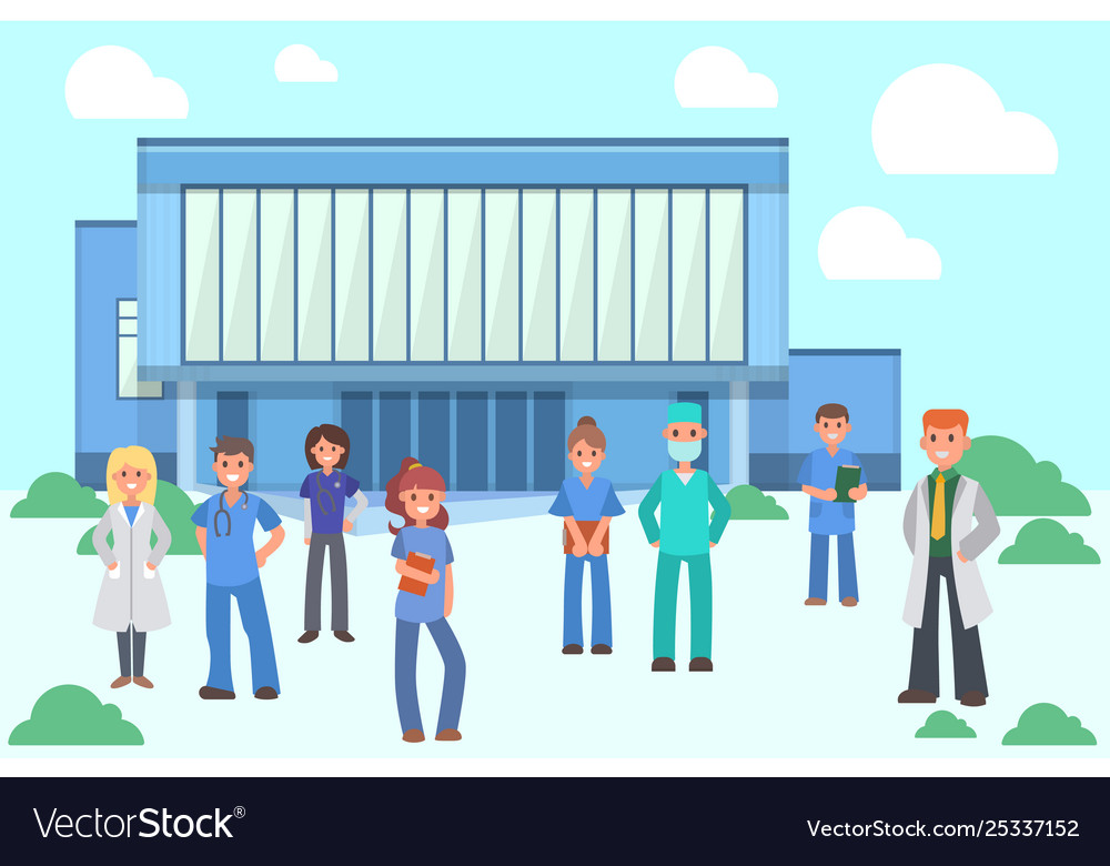Group Doctors And Nurses Near Hospital Banner Vector Image