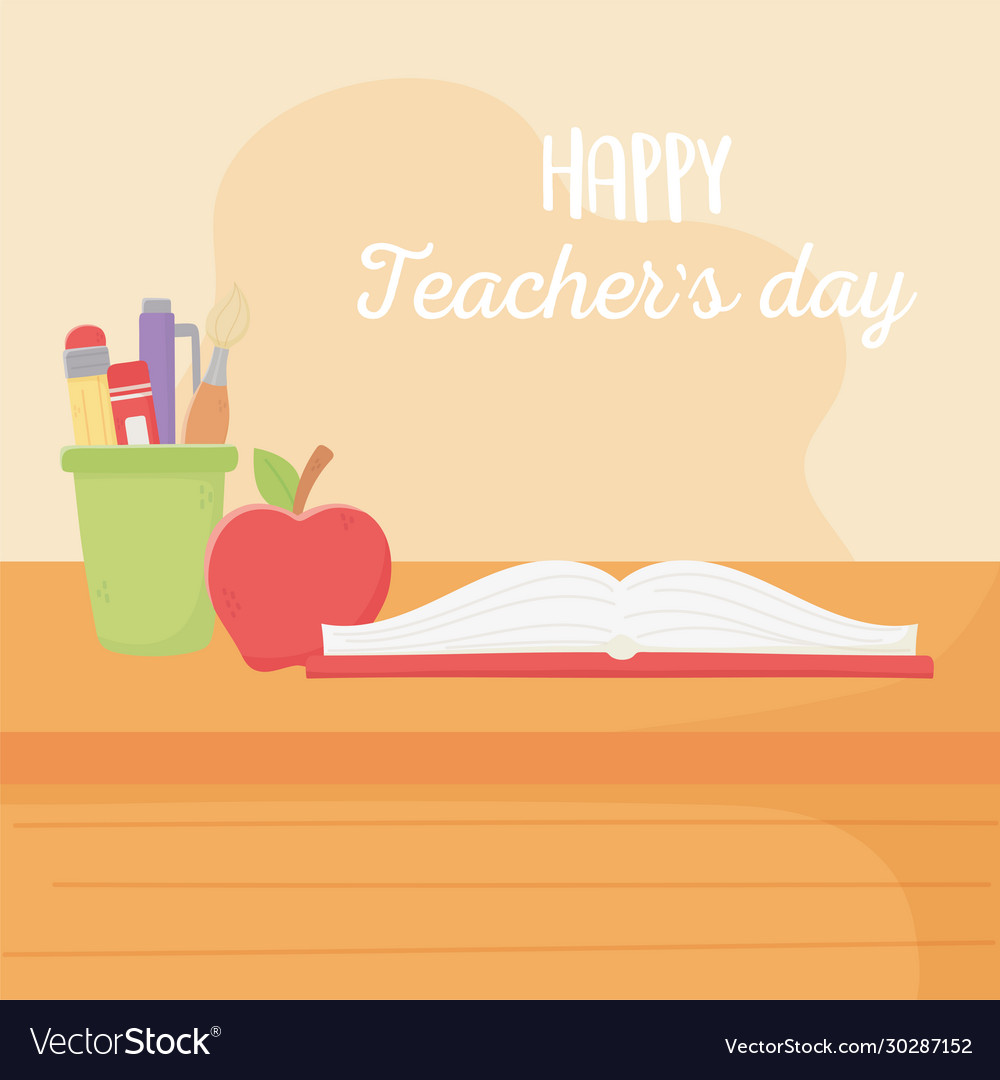 Happy teachers day school book apple and pen