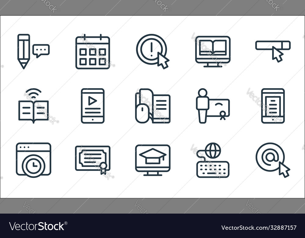Online learning line icons linear set quality vector image Online learning line icons linear set quality