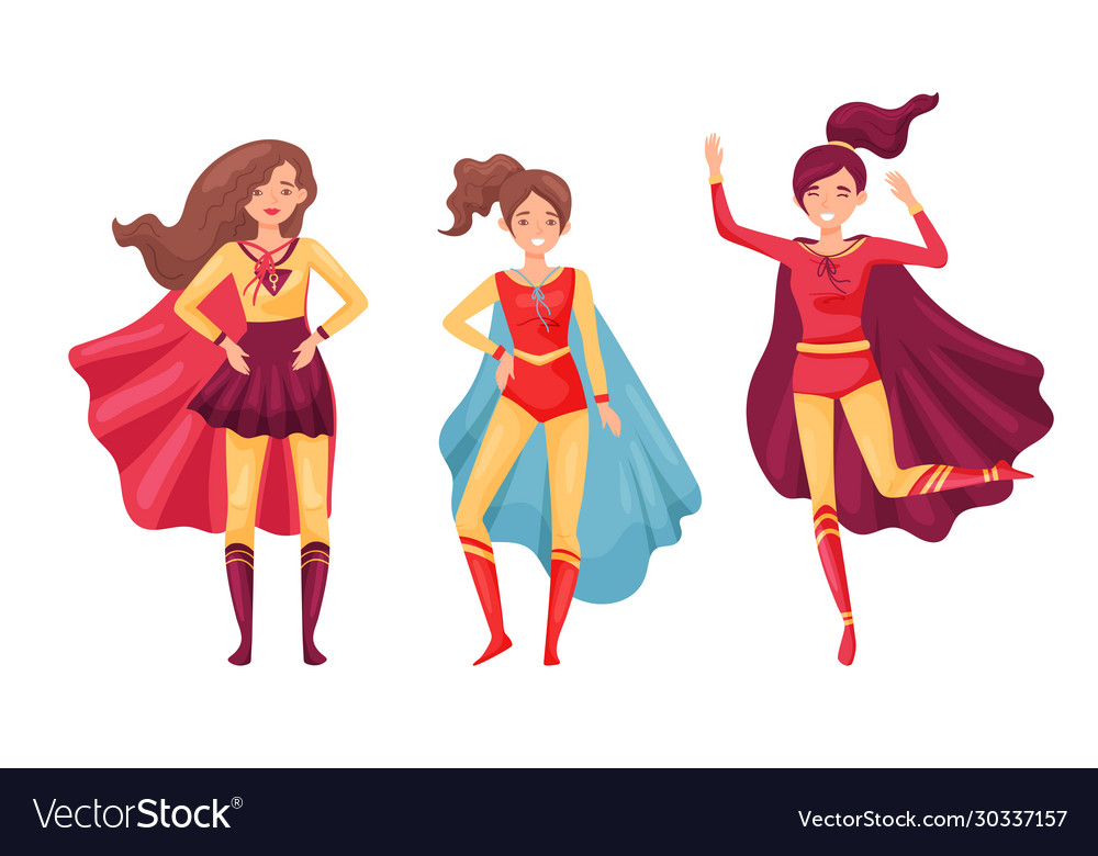 Women Superheros Wearing Cloak And Posing Vector Image