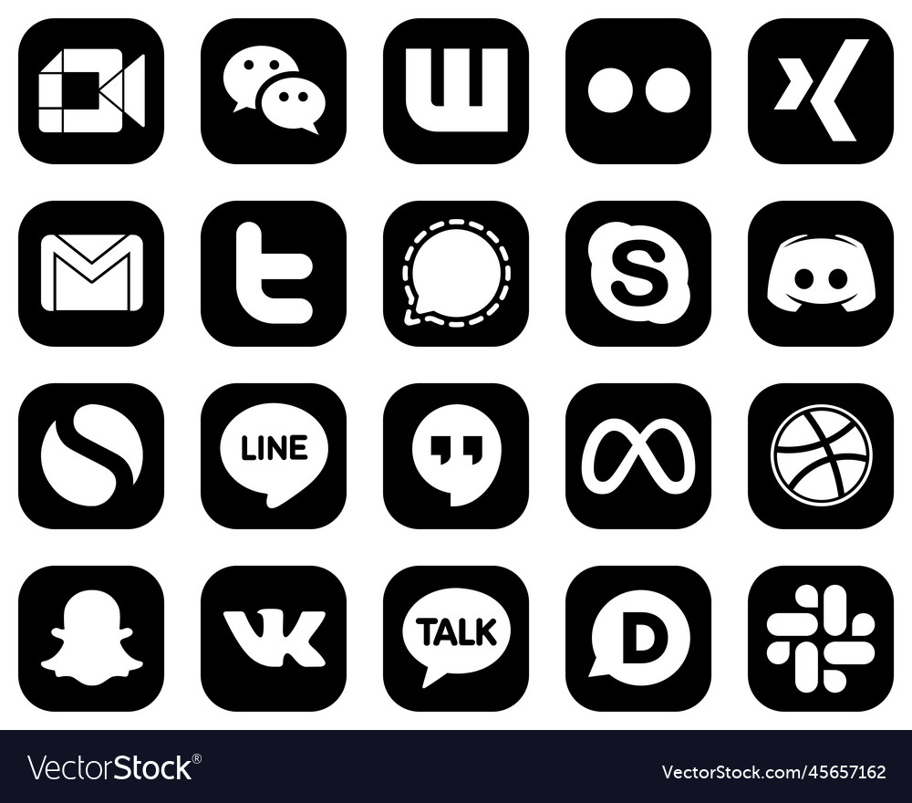 20 clean white social media icons on black