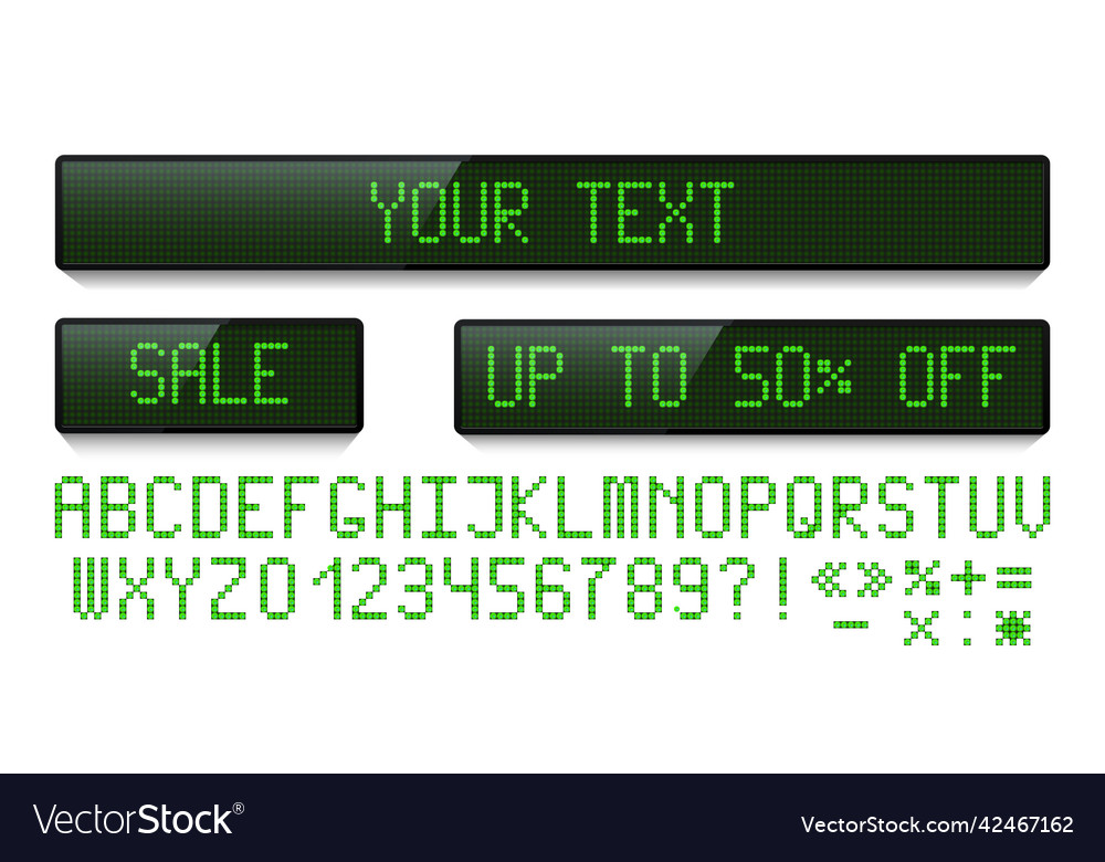 Green led dot display set and digital font vector image Green led dot display set and digital font