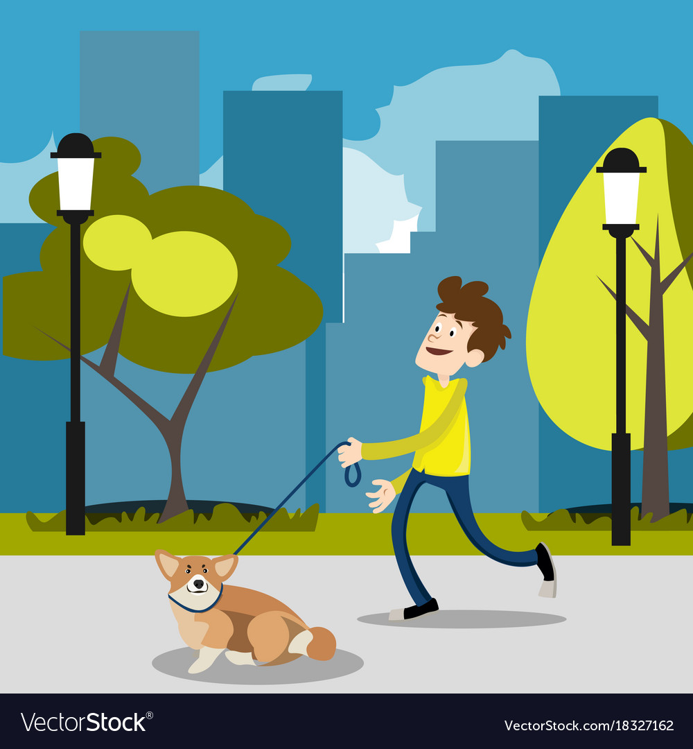 Guy on a walk with a dog Royalty Free Vector Image