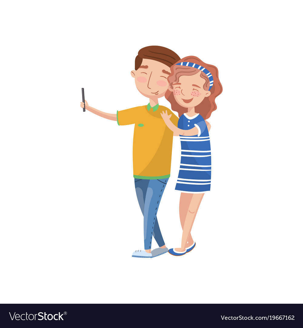 Happy couple in love making selfie photo cartoon Vector Image