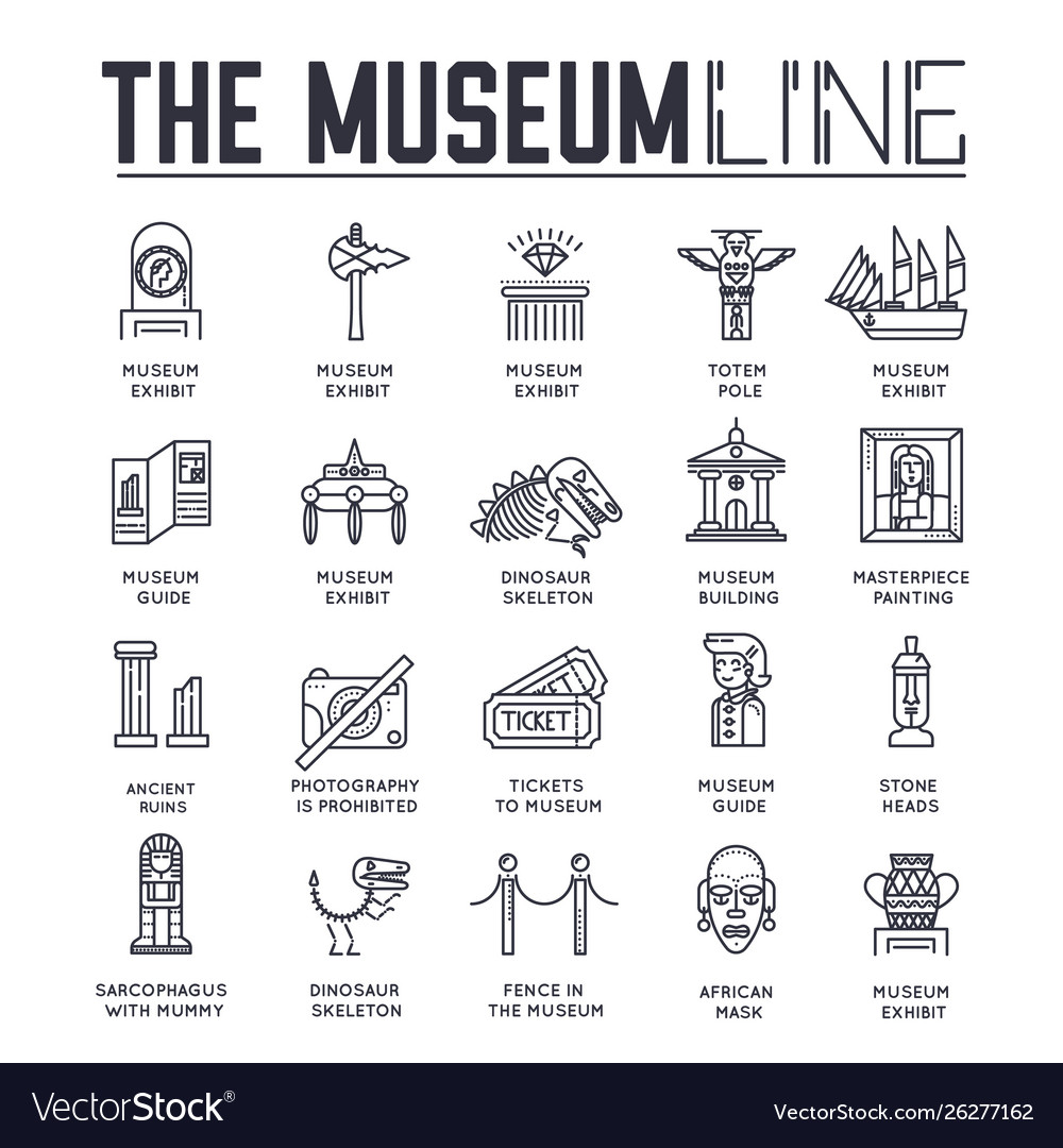 Set museum building and objects thin line icons