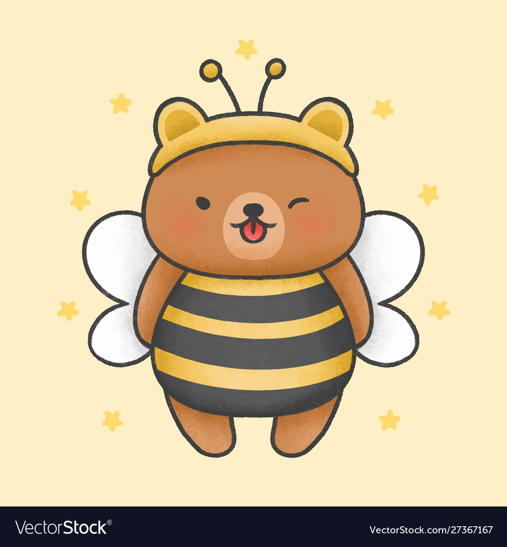 Cute bear costume bee cartoon hand drawn style Vector Image