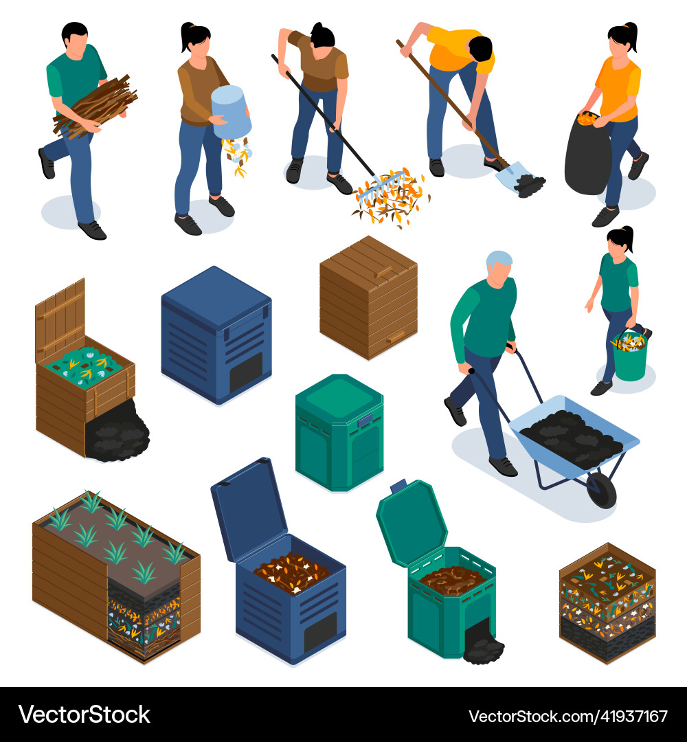 Compost Vector People Garden composting isometric set Royalty Free Vector Image