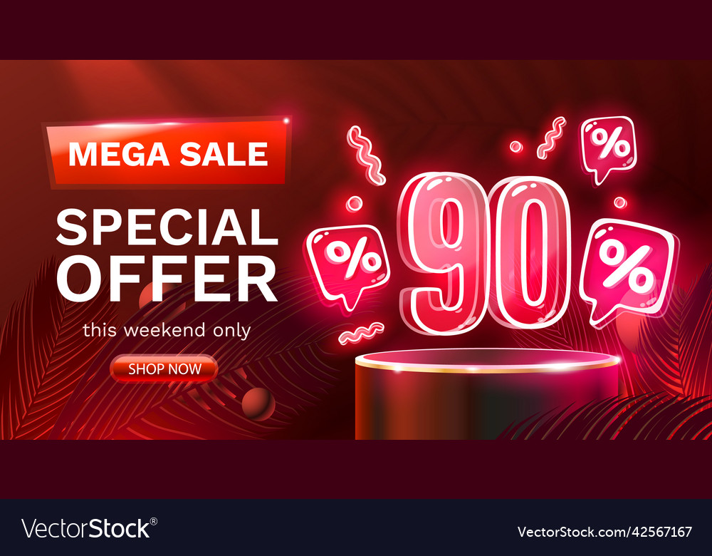 Mega sale special offer neon 90 off banner Vector Image