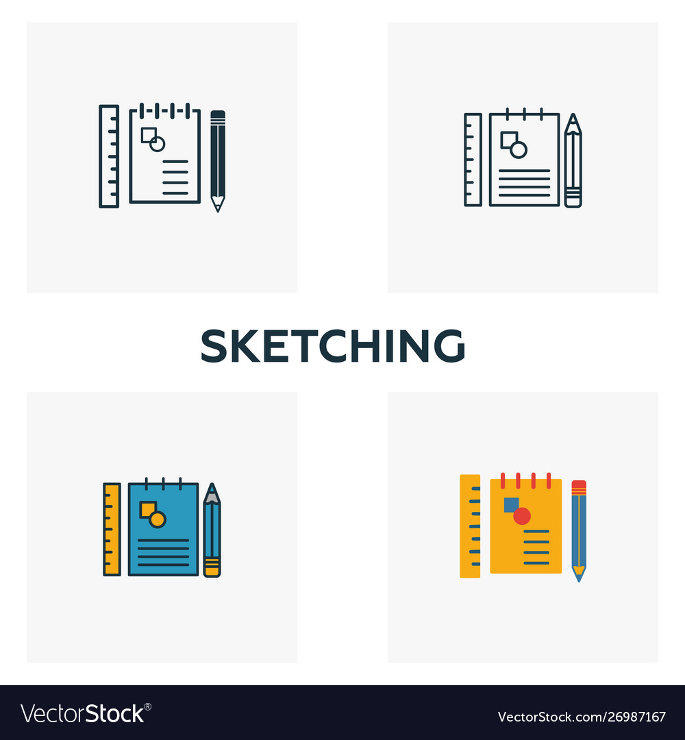 Sketching icon set four elements in different