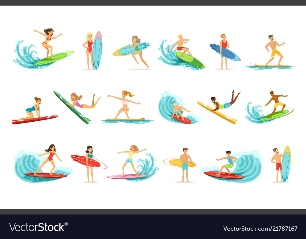 Surfboarders riding on waves set surfer men Vector Image