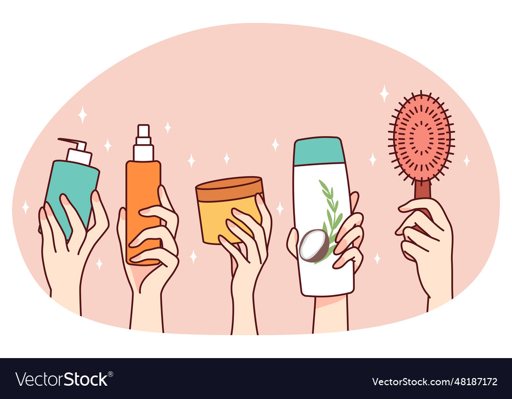 Hands holding diverse cosmetic bottle