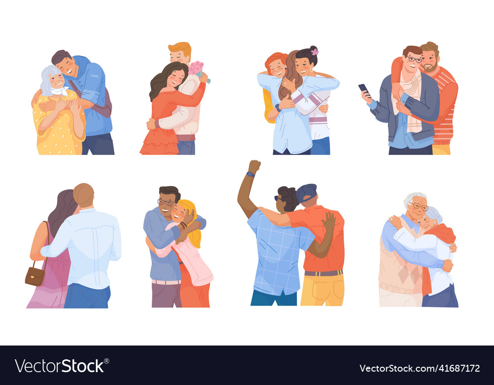 Hugs old friends best friend hugging group people vector image Hugs old friends best friend hugging group people