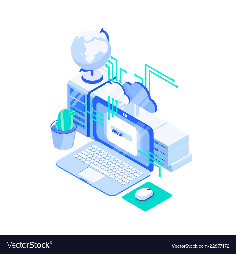 Laptop computer stack of servers and globe web Vector Image