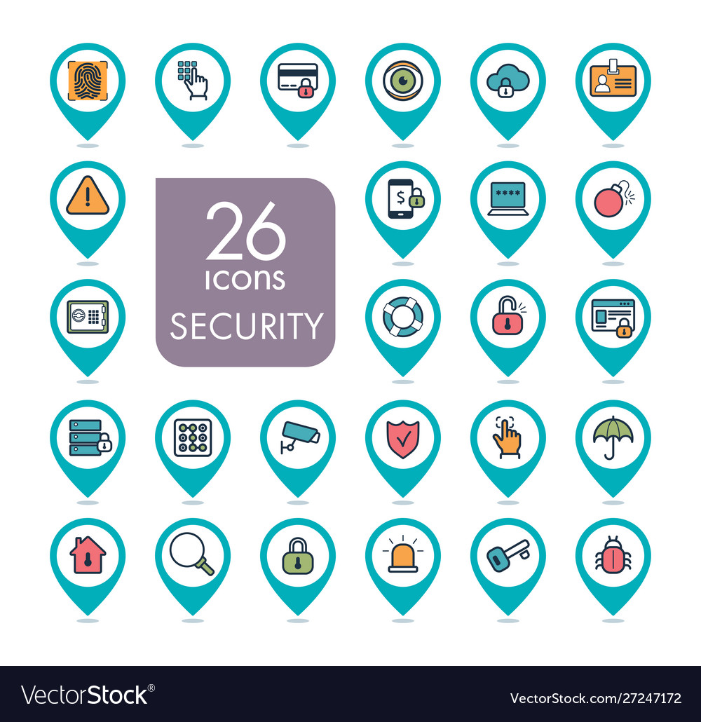 Security outline web pin map icon set