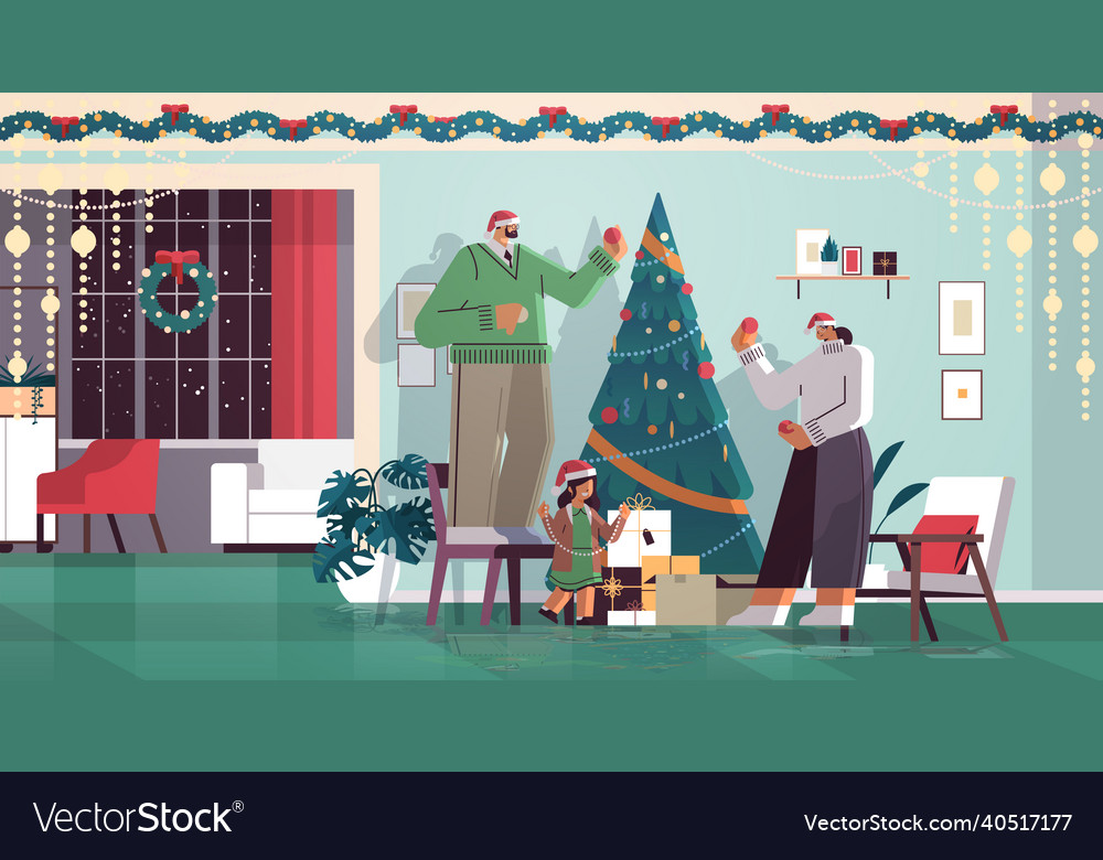 Family in santa hats decorating christmas tree Vector Image